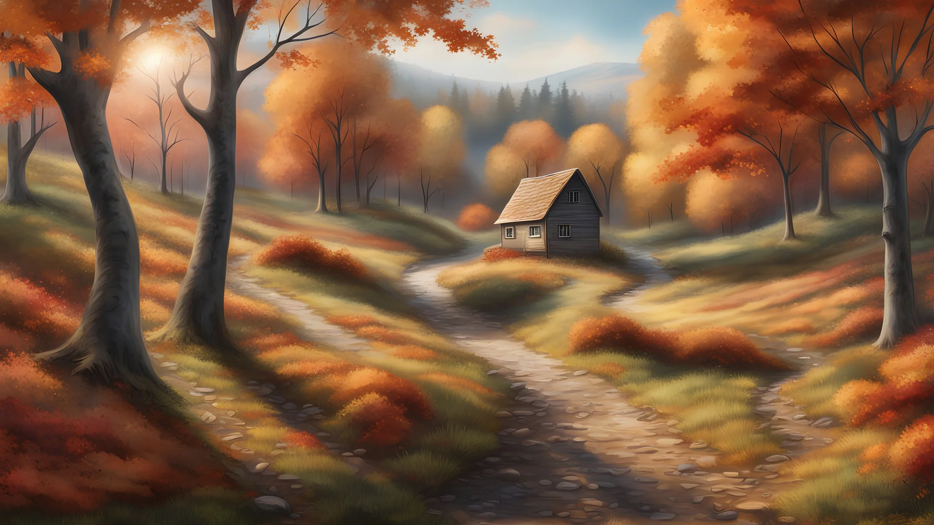 Rolling hills of autumn trees in a dreamlike forest. Hyper realistic, photo realistic, a walking path beside o rumbling brook. Birds getting ready to fly south for the winter. A cozy cottage nearby.