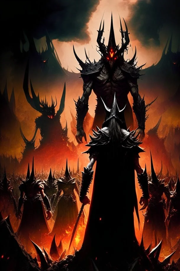 Sauron, the lord of darkness, with the devil and his army, in the land of destruction