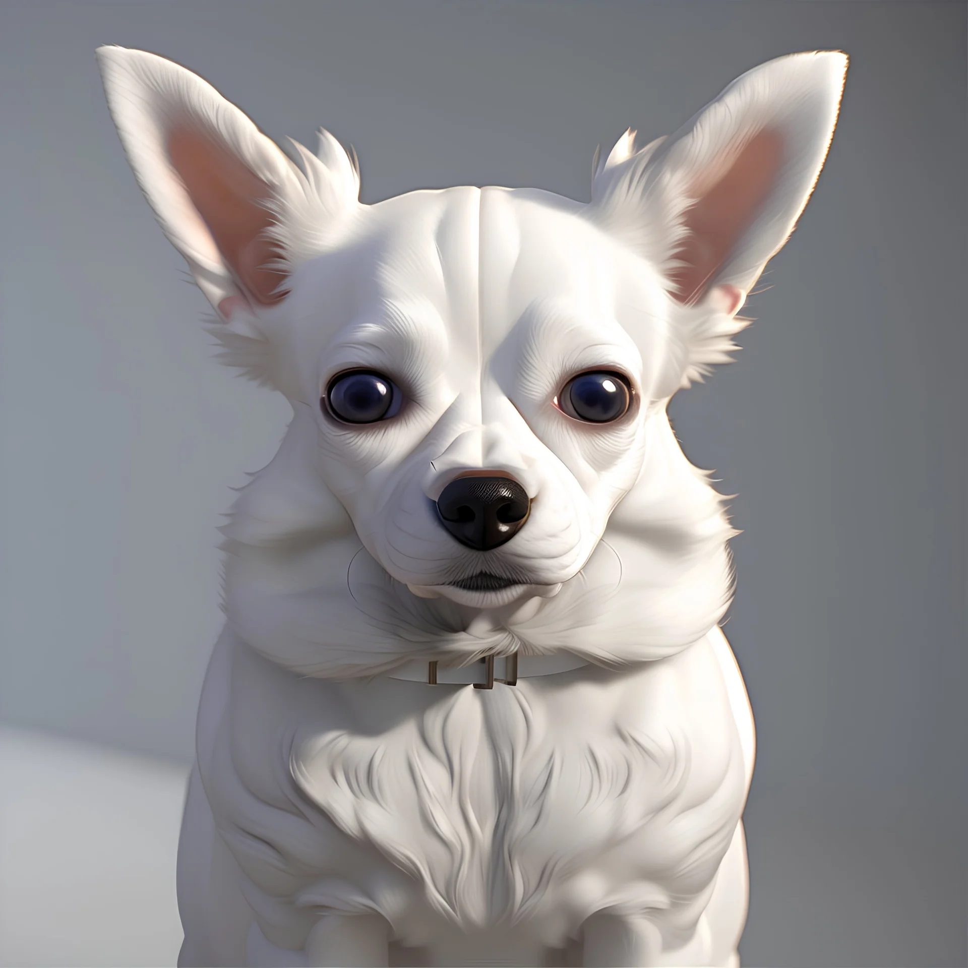 realistic white longhair chihuahua in a hat with fur buboes, photo, poster, 3d render, anime