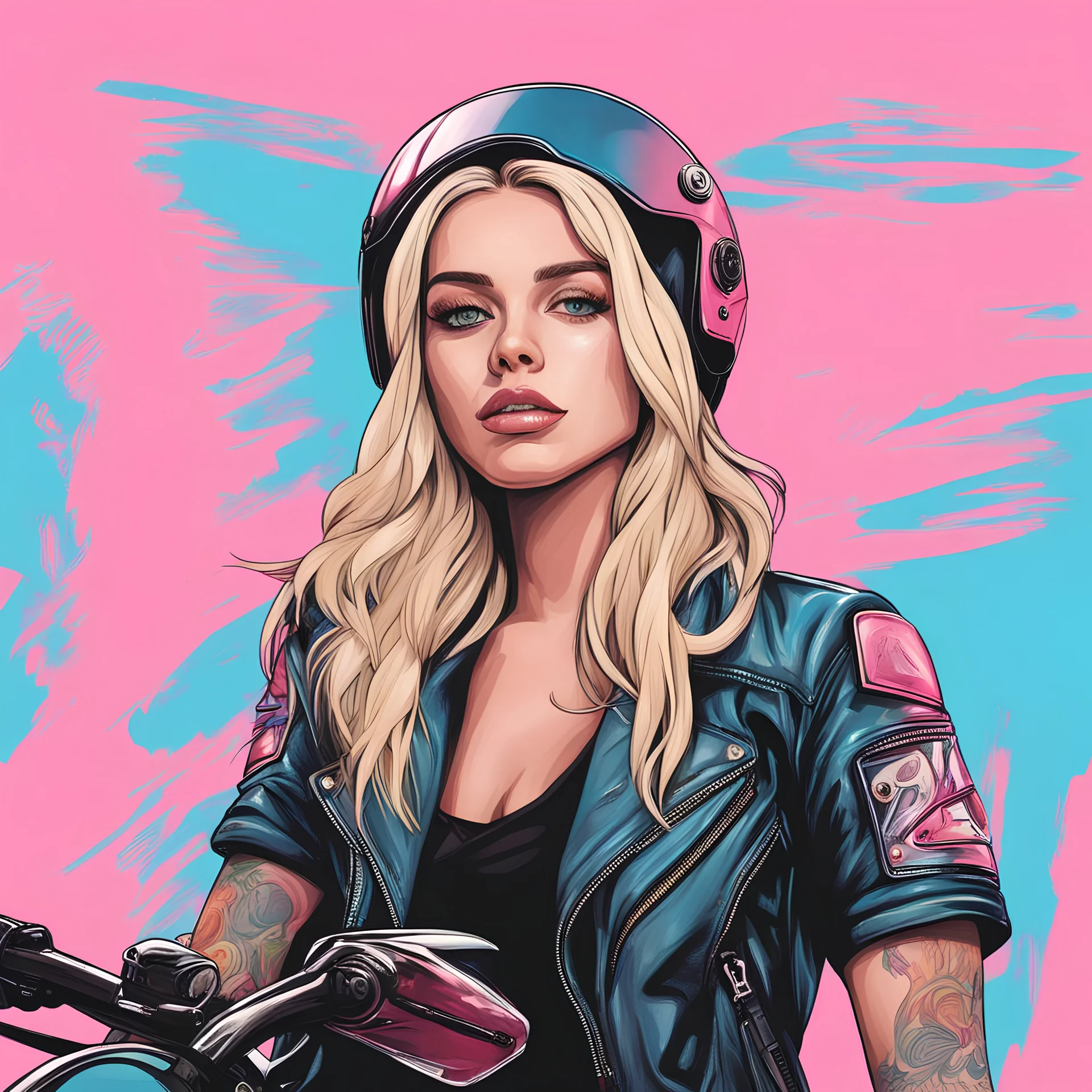 drawing styles motorcycle blonde girl, pink and blue background