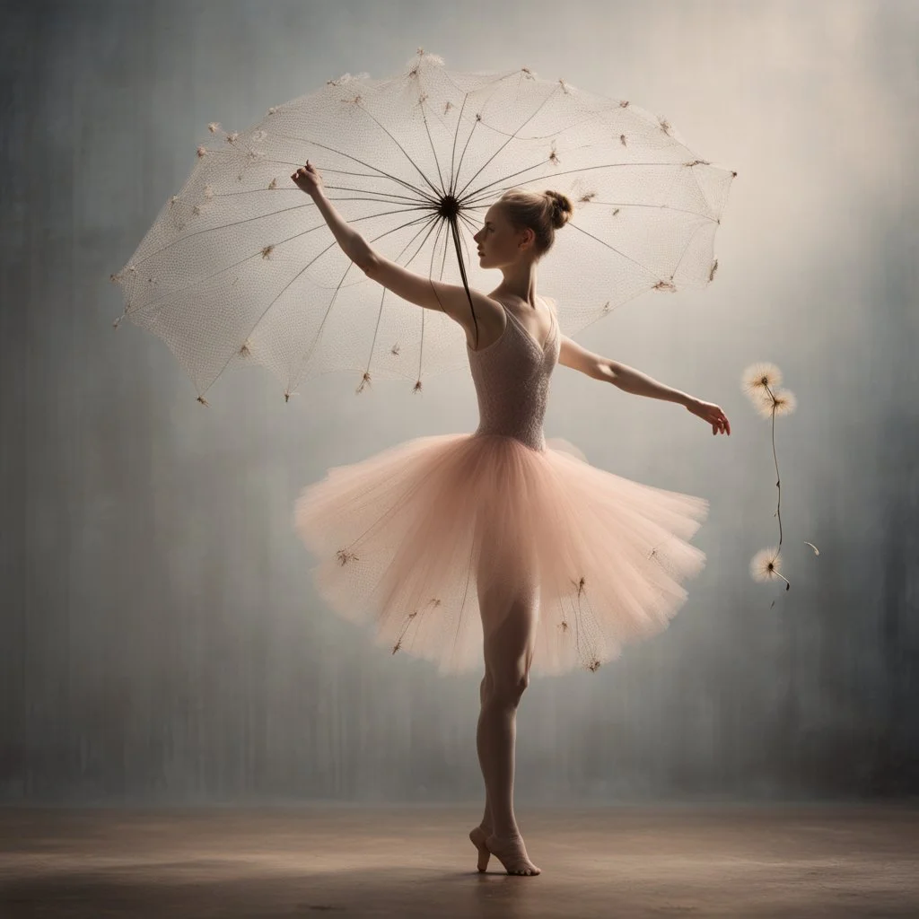 a ballerina seen from the side stands on tiptoe with one arm gracefully outstretched, in the other hand an umbrella of very fine mesh net, on the edge are mounted dandelion seed pods, tulle dress, on the edges are mounted dandelion seed pods, dandelion seed pods and loose seeds fly around her, some have fallen to the ground, faint soft peachy light in front of her that colors her dress and umbrella and dandelions peachy, background is dark blue, floor is blue