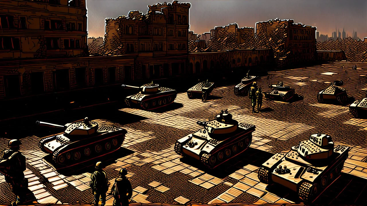 Israeli soldiers and tanks stand on a very large chessboard in the middle of a destroyed city