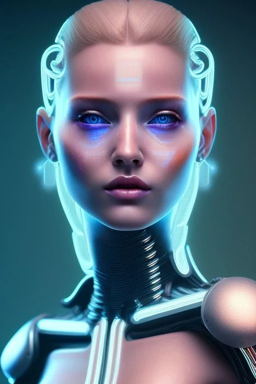 cyberpunk, head, women, portrai, tron sketch of a girl on lined paperA beautiful one nude body of a make up smiling woman blond long hair, alone, high key lighting, volumetric light high details with white stripes and blue eye, smiling with plump pink lips, flowers around, unreal engine petit prince belle fine, profil de trois quart, grand front cosmique, peau bleu cristalline, yeux bleu, perle sur le front long cheveux blond et rose etoilé, cristaux sur le corps, collier de grande princesse, l