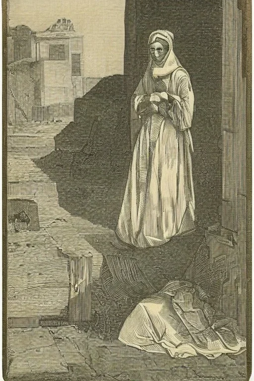 Line drawing, lady, facing forward, kneeling in an alleyway, bruised face and arms, torn clothing, hands raised in front of face face for protection, partially shrouded in shadows