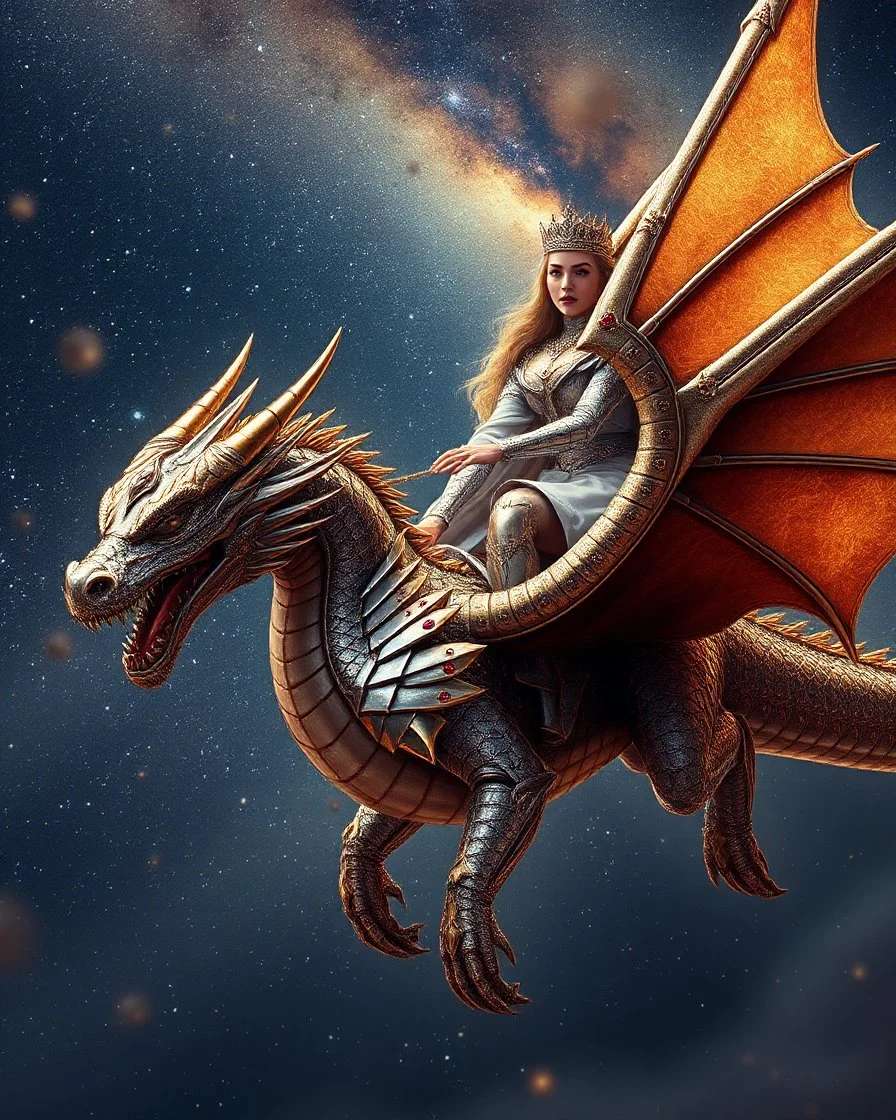 Imagination from a far Photography Fantasy Art HD all image of the Beautiful Queen, riding a dragon flying in the sky, wearing a luxurious armor design, made of silver and gold metal plates, metal crafts with shining diamond luster, on the outer surface of the luxurious decoration of very small diamond stones, red diamond stones, Milky Way galaxy background