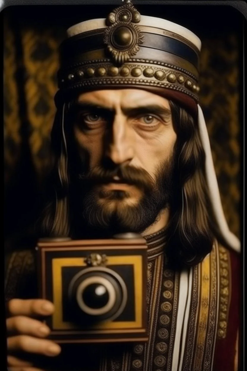 Portrait of Eastern Roman emperor Justinian on Polaroid camera