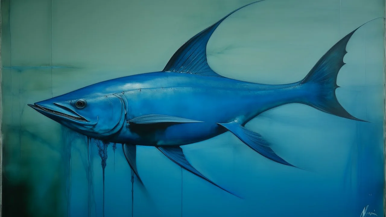 An indigo water elemental swordfish painted by Mark Rothko