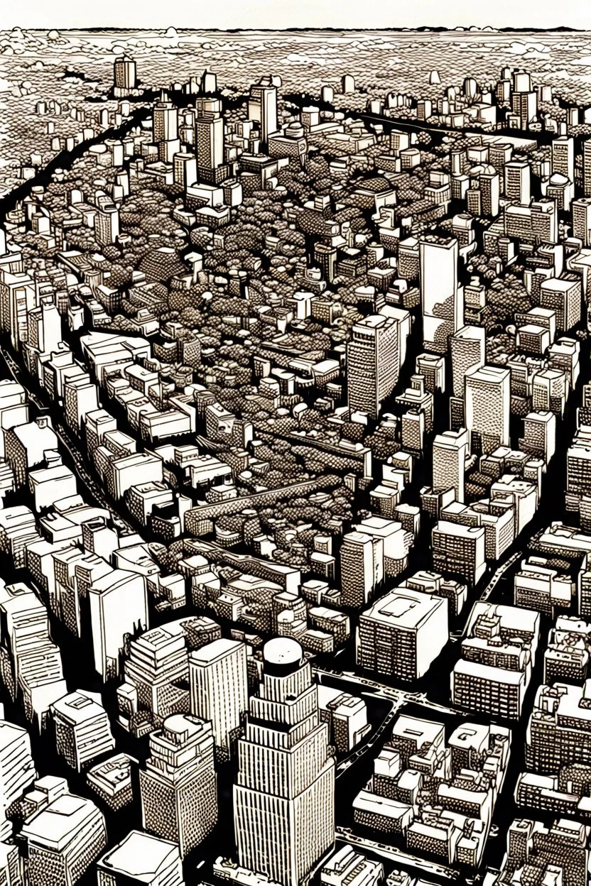 Tokyo city view from very above. manga style, black and white, no pattern