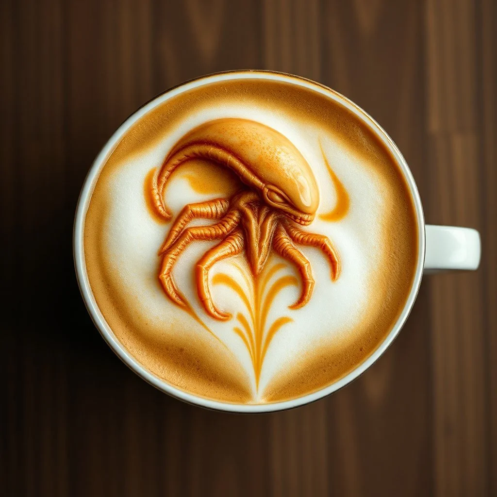 close up top-down view of a latte with a Gigeresque xenomorph formed in the milky foam, professional photography, looks like an advertising campaign photo, delicious