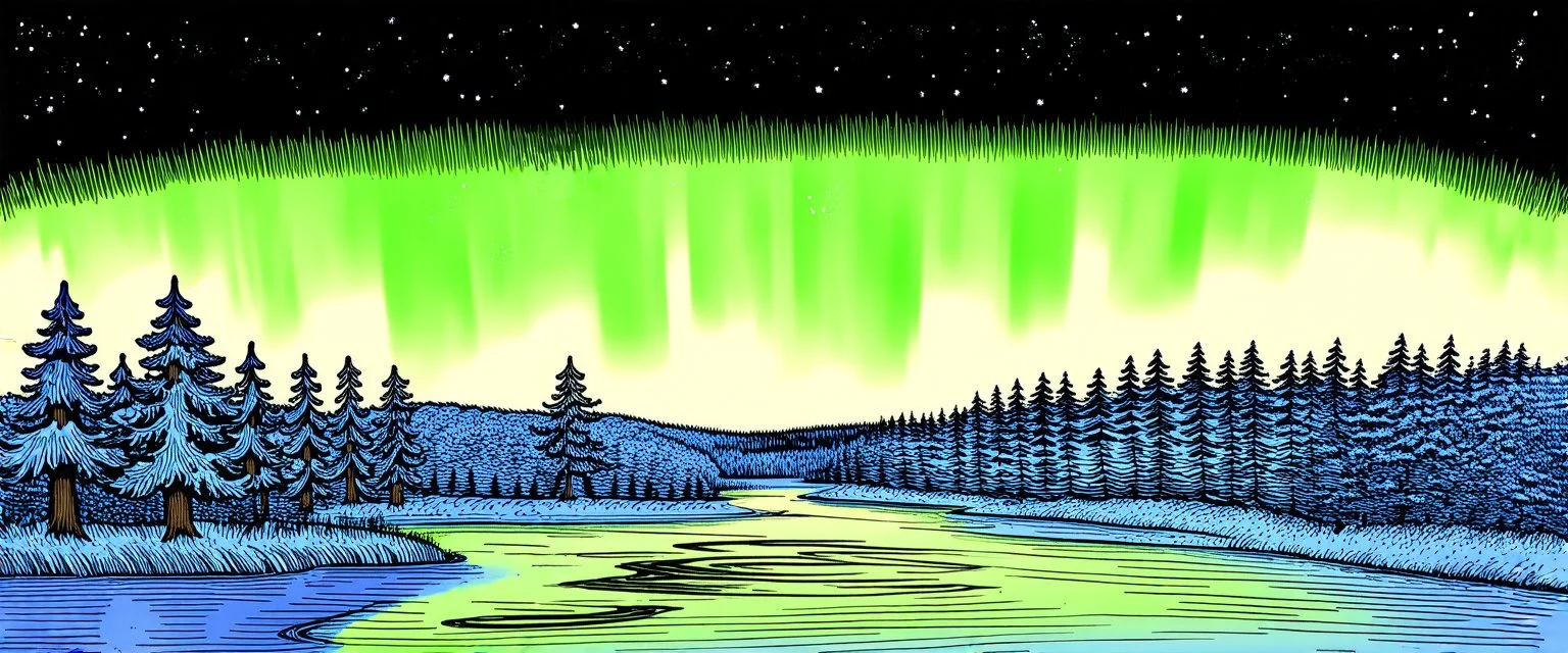 hand drawn memorial placard, northern lights on the top right and left with a thin section joining then through the middle. below are trees and water. whimsical hand drawn style. line drawing with muted color