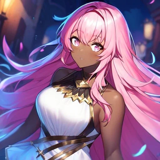 girl, masterpiece, best quality, volumetric lighting, dynamic pose, detailed outfit, perfect eyes, pink hair, pink eyes, messy hair, long hair, dark elf,