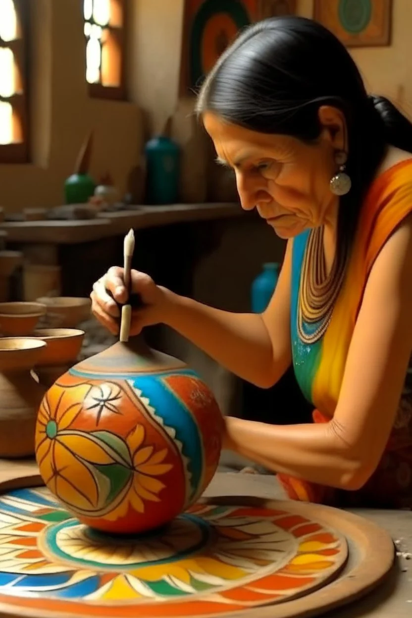 mexican woman making pottery painting neoclassism whole body zoom the sun