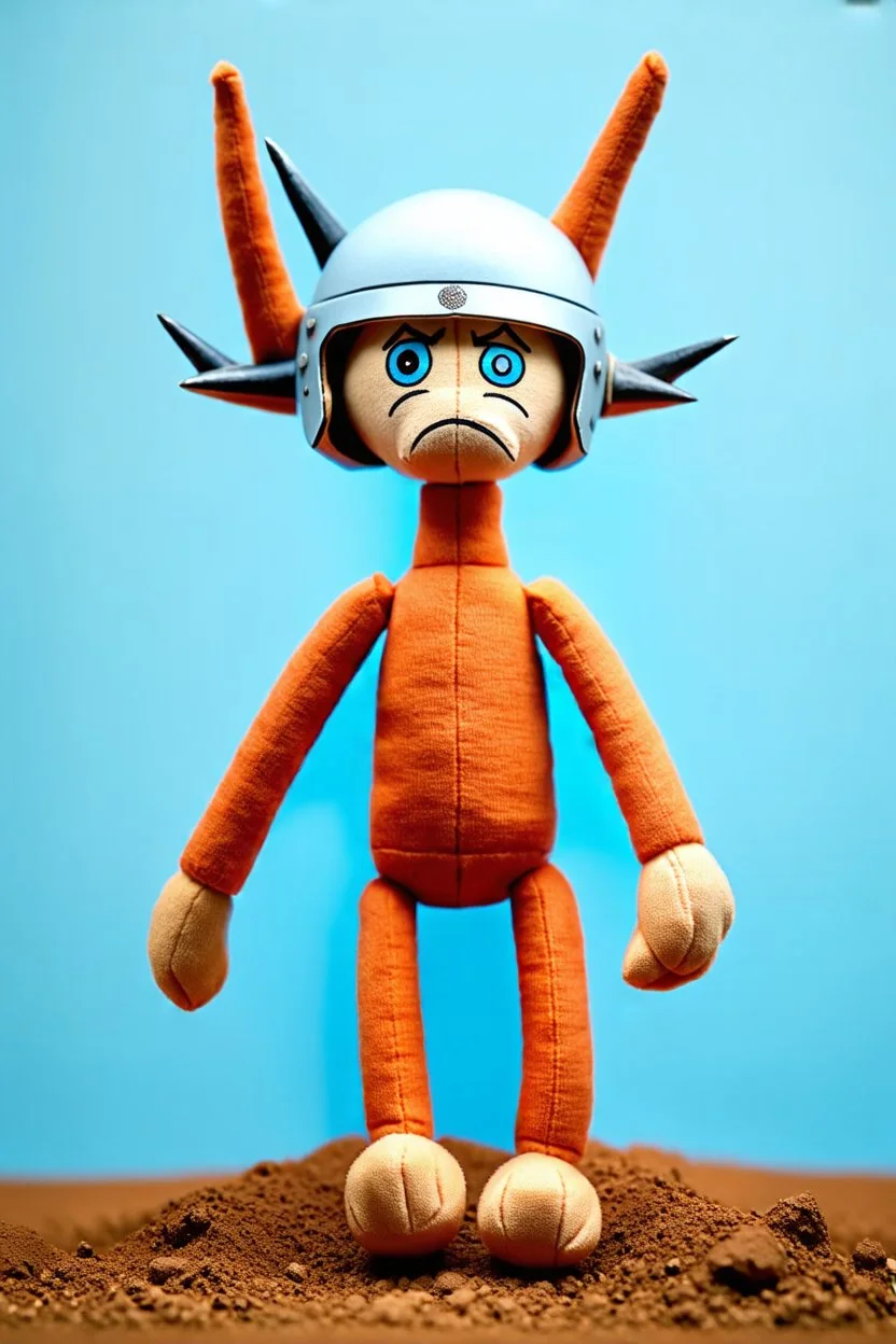 stuffed plush toy(tall and skinny with 1 eye and a frown, small feet at front, wearing helmet with spike on top) blue background, dirt floor