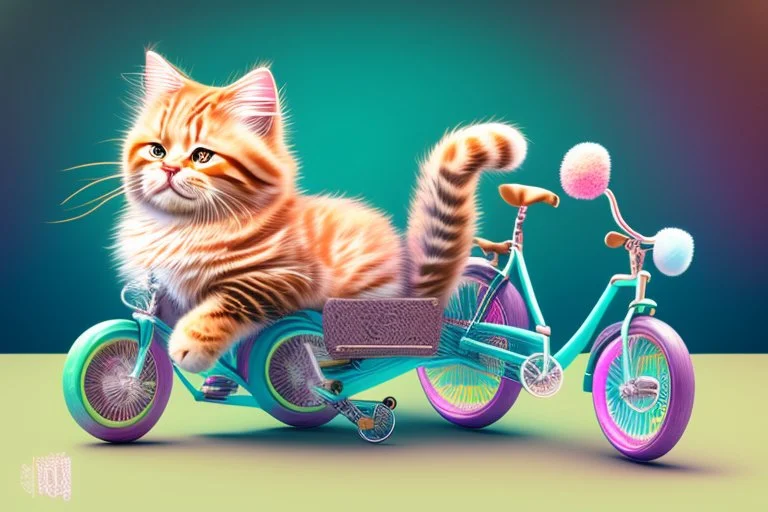 Fluffy tabby cat, adorable kitten, miniature bicycle, whimsical scene, playful concept, vibrant colors, detailed fur texture, charming expression, dynamic composition, cartoonish style, digital art, creative and imaginative, bright and lively palette, joyful atmosphere, skillful rendering, high resolution, skillful lighting to enhance cuteness.