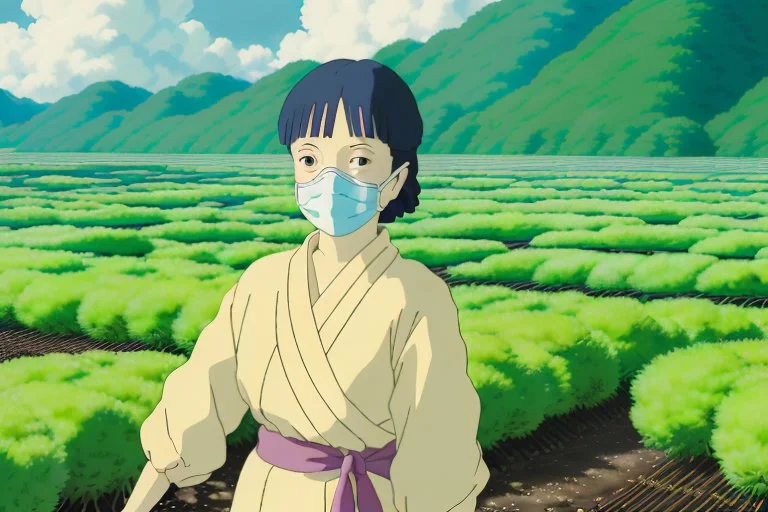 A triumphant portrait of Yui, her face covered by a respirator but her eyes gleaming with hope, holding a sprouting seedling from the mythical plant against the backdrop of her rejuvenating biodome. The encroaching solar punk aesthetics are evident as new, sustainable structures rise amidst the lush greenery.