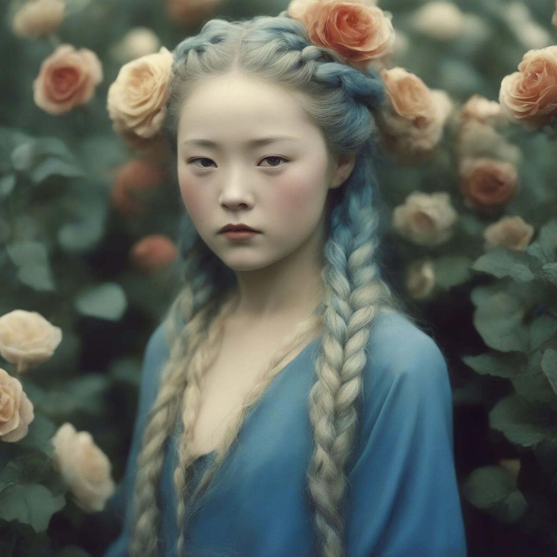 Old autochrome of devon aoki with golden cheeks, strange blue braids. in a garden of roses, in 1830