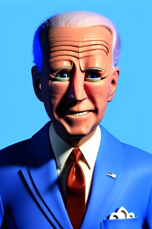 Waist up muppet Portrait, joe Biden as muppet doll, Blue suit retro style, photo studio, blue background, unreal engine 5, concept art, art station, god lights, ray tracing, RTX, lumen lighting, ultra detail, volumetric lighting, 3d.