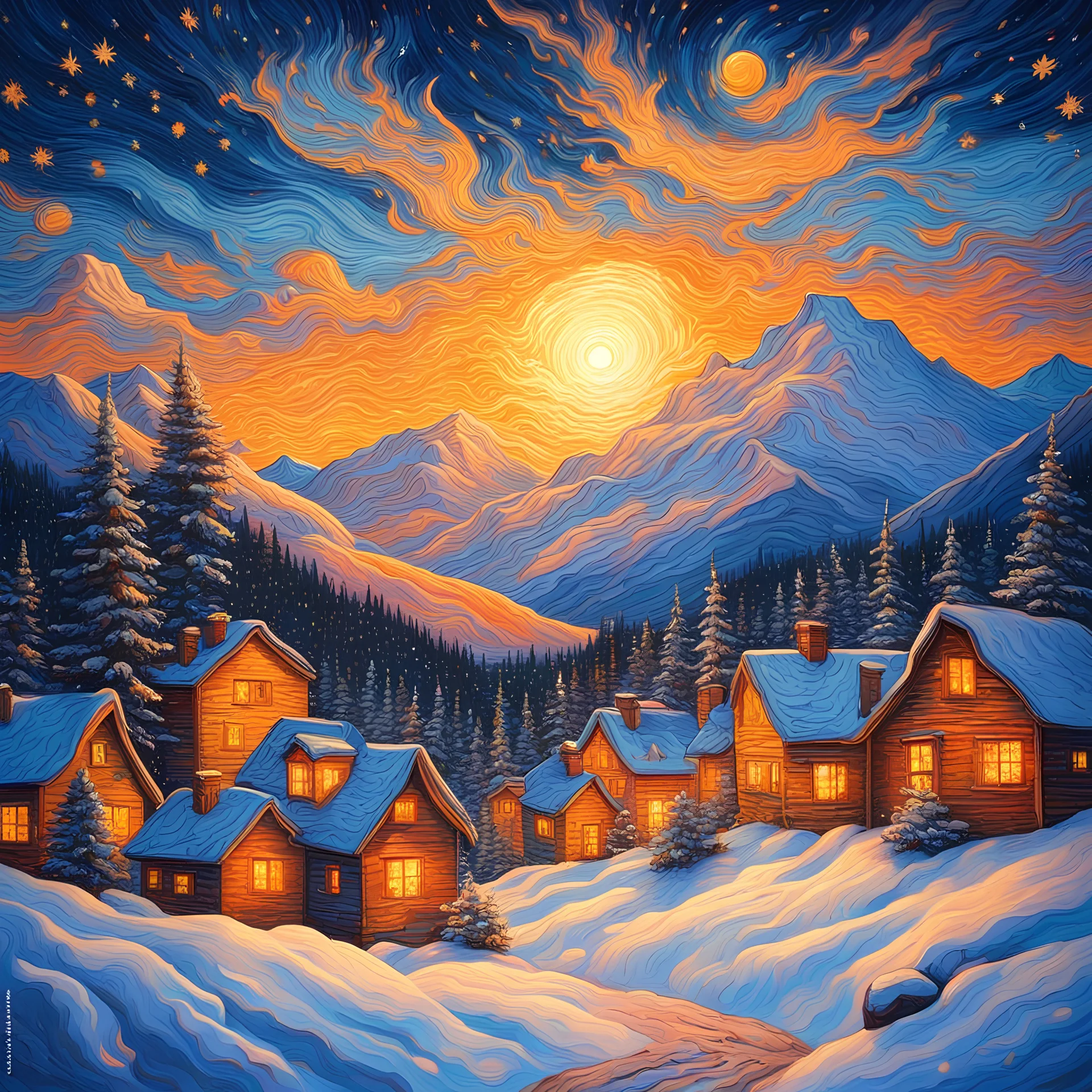 Wonderful sunset, bright light above the mountains illuminating the landscape, small houses. Snowflakes shine on pine trees and rooftops. Some stars faintly appeared in the sky. Beautiful winter landscape. Fantasy beautiful HD color Van Gogh acrylic art intricate details