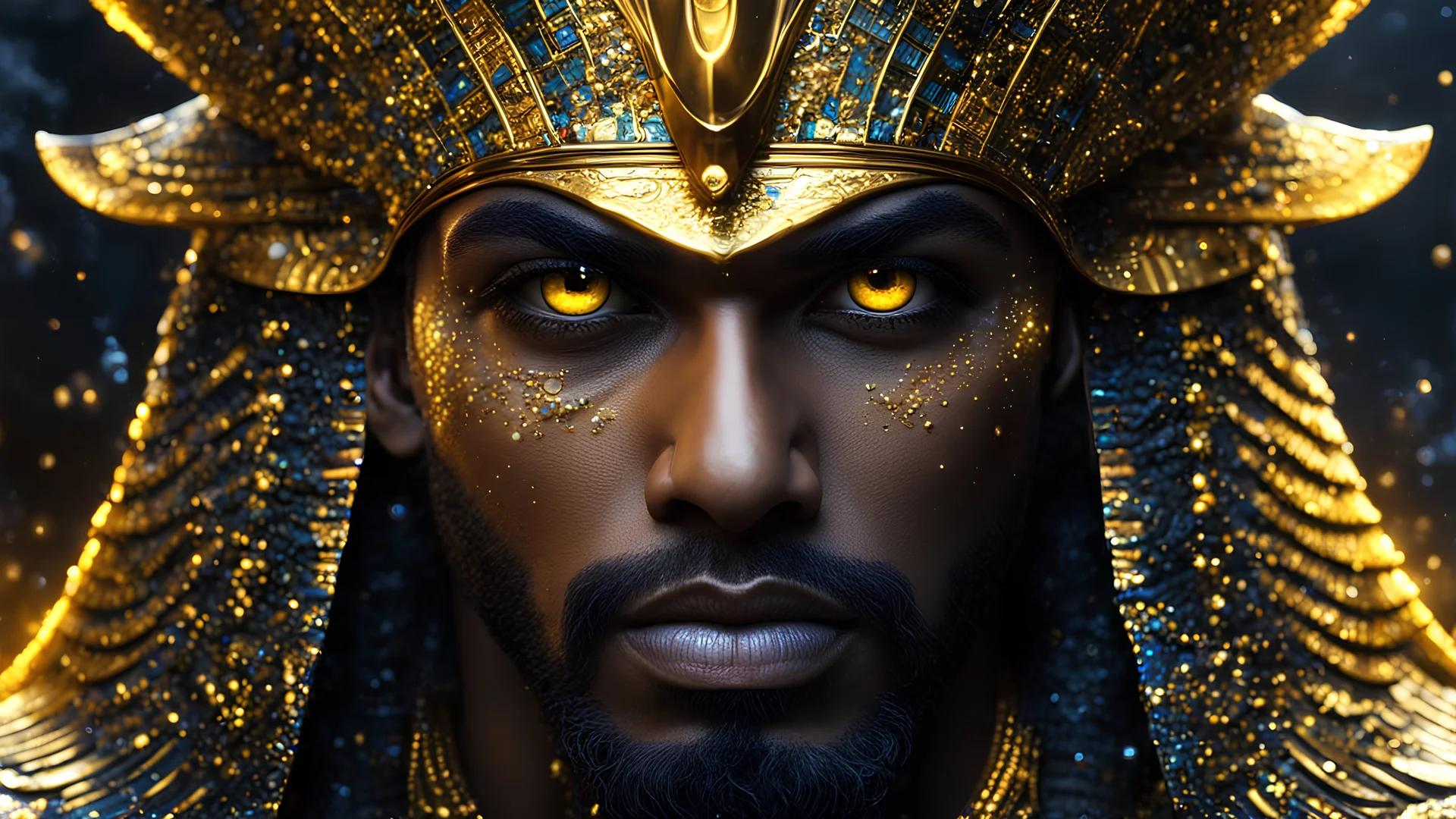 ((Egyptian synthetic King)) ((Male Osiris)), black and gold, ((yellow intensely shinning, illuminated eyes)), ((Photorealistic)) extreme close-up, bioluminescent, realism, high detail, octane render, 8k, (((Chaotic storm of intricate colorful liquid flowing around))), full - length abstract portrait, by petros afshar, ross tran, radiant light octane render highly detailed