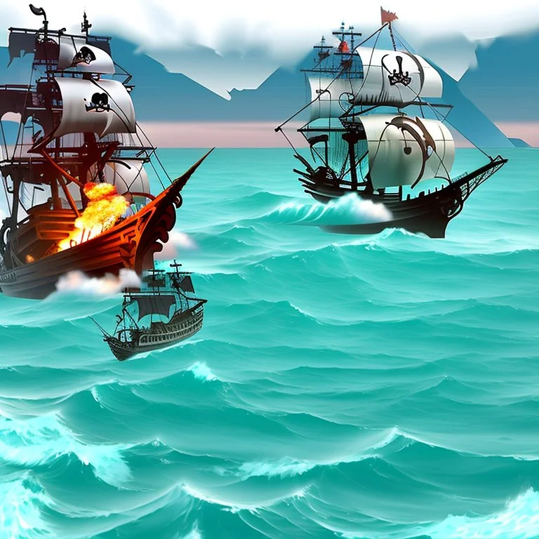 Two pirate ships fight each other at sea. Firing cannons.