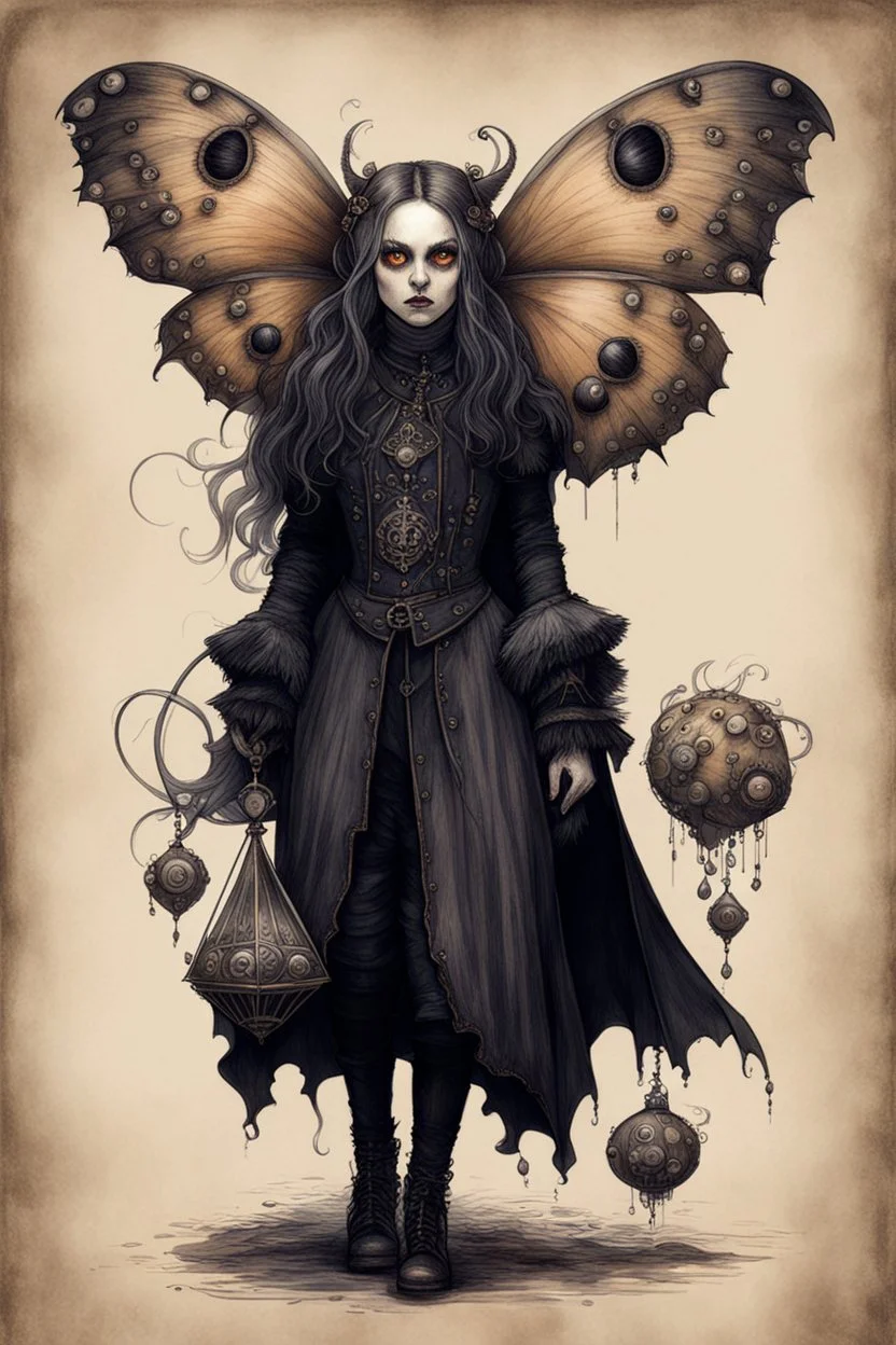 Jean-Baptiste Monge style 19th century hand drawn full body portrait dark gothic fantasy illustration of a walking hybrid Polyphemus moth goth girl, with highly detailed facial features with multi cellular eyes, drawings, 8k, vibrant natural colors,