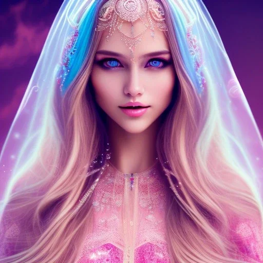 beautiful, soft, smiling face, whole head, long straight blonde hair blues eyes, crown on the head, clothing in transparent bluish and pink veil, background brillante bluish and pink, hight definition, 8K