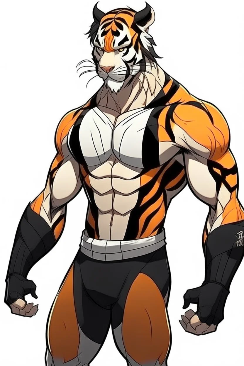 Anime man side character with dark , hybrid with tiger ,small muscles, aged 30, wearing a tiger superhero suit