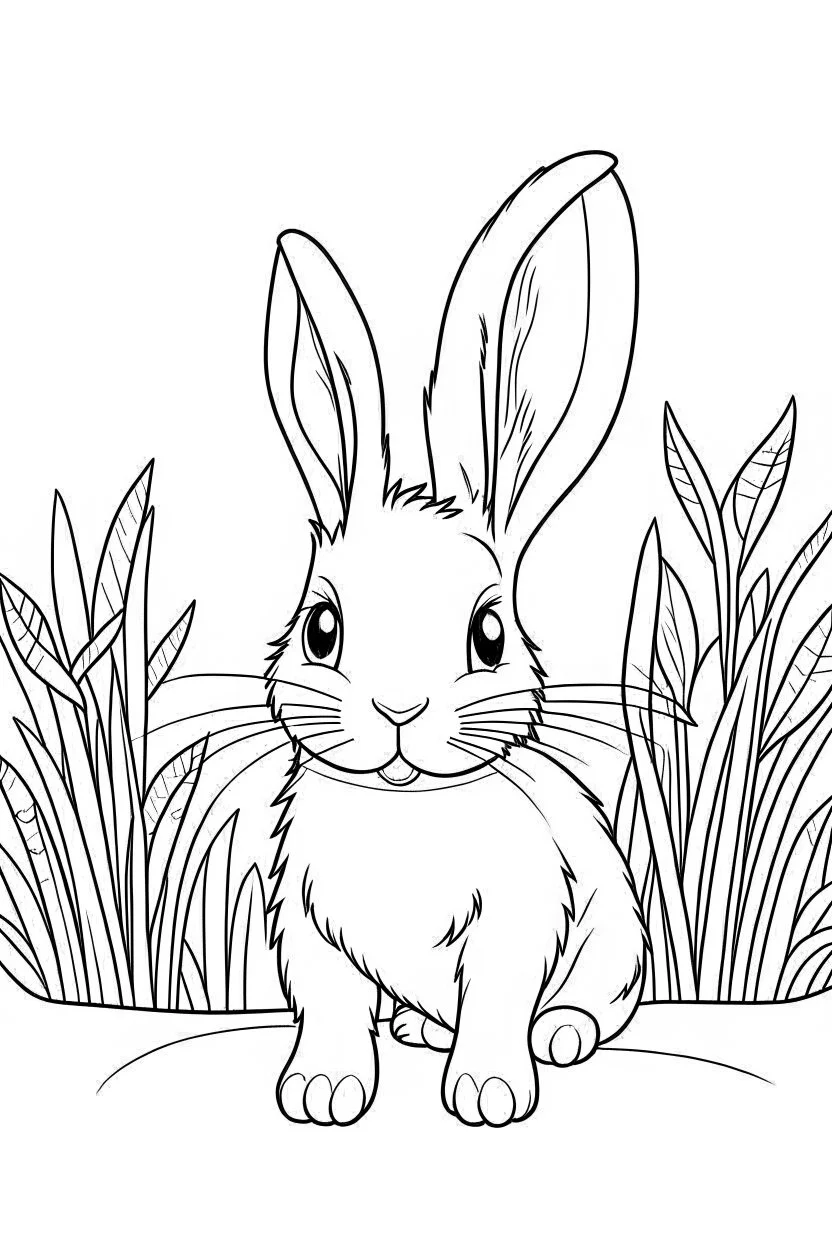 cute coloring page, sketch style, cute baby rabbit in the wood, cartoon, white and black, withe background, no shadows, outline.