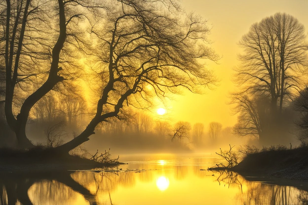 Misty river at dawn with leafless trees silhouetted against a rising sun, soft golden light filtering through branches, perfect mirror reflection on still water, winter atmosphere, cinematic composition, tranquil and mystical mood.