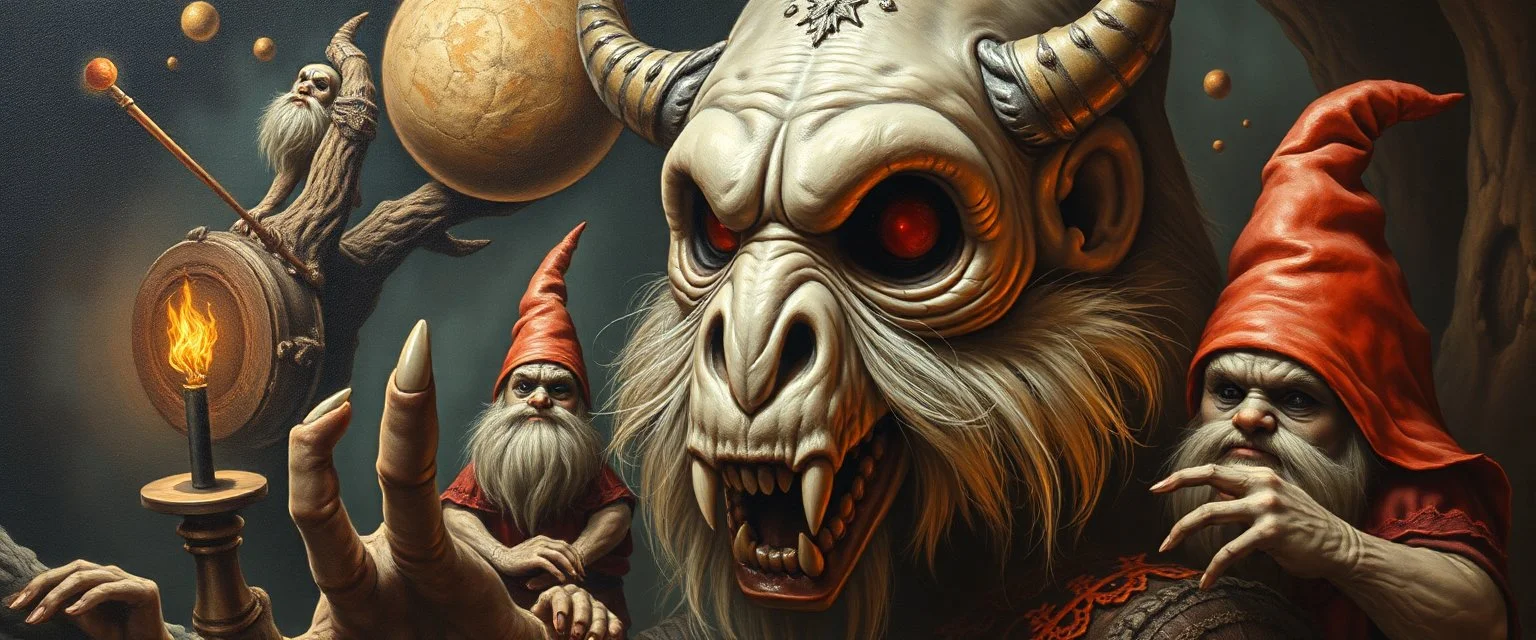 master oil painting with some air brush, hyena gnome realistic and creepy, straight from the lich lab, in the style of Escher and Titian