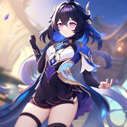 Clear focus,High resolution, Black long fluffy hair, and purple eyes, wearing a Genshin Impact Inspired Outfit,Detailed Clothes,A little bit revealing, must wear a short skirt, Mad