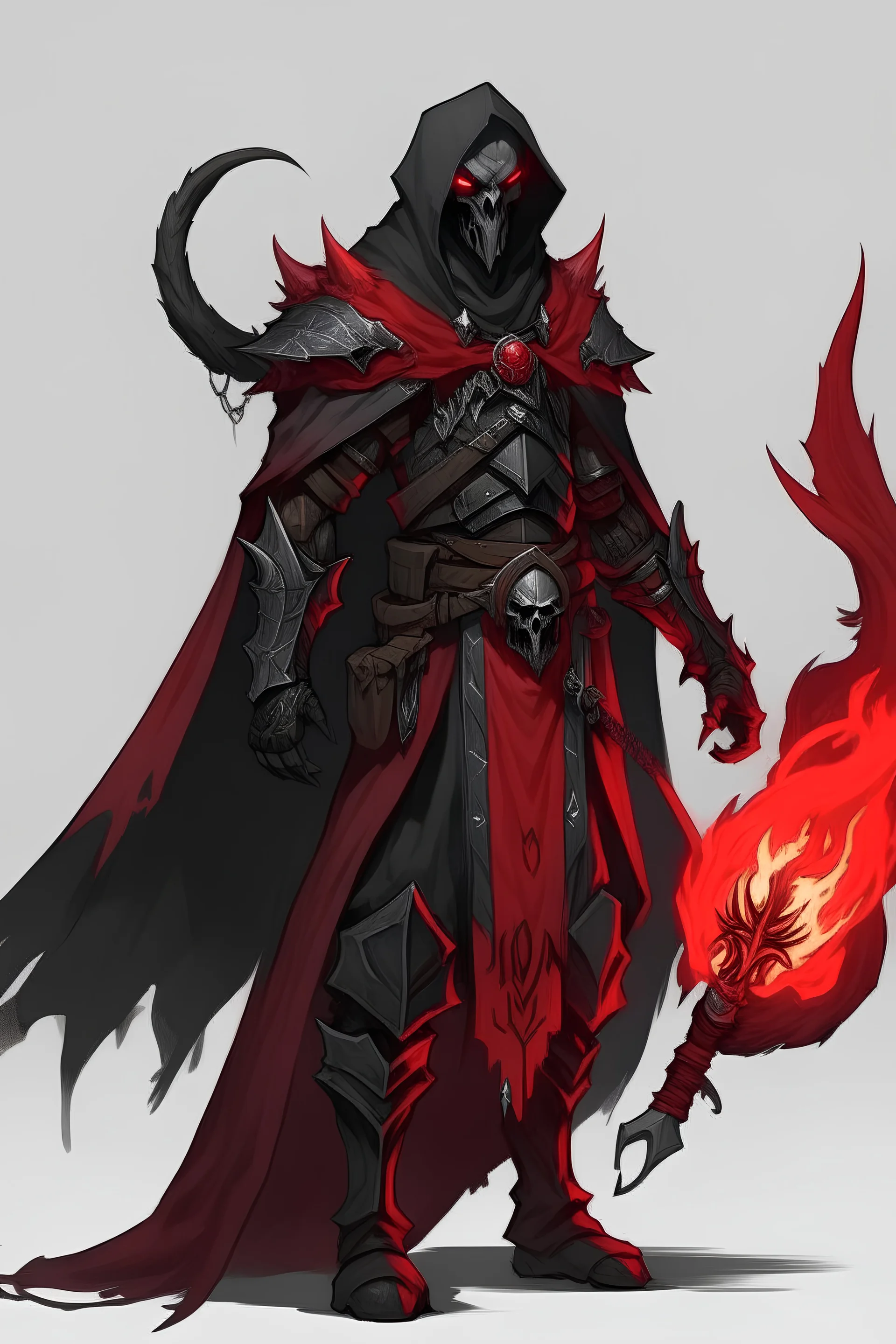 death knight red Dragonborn red fire dnd wearing a black taterd feather cloak