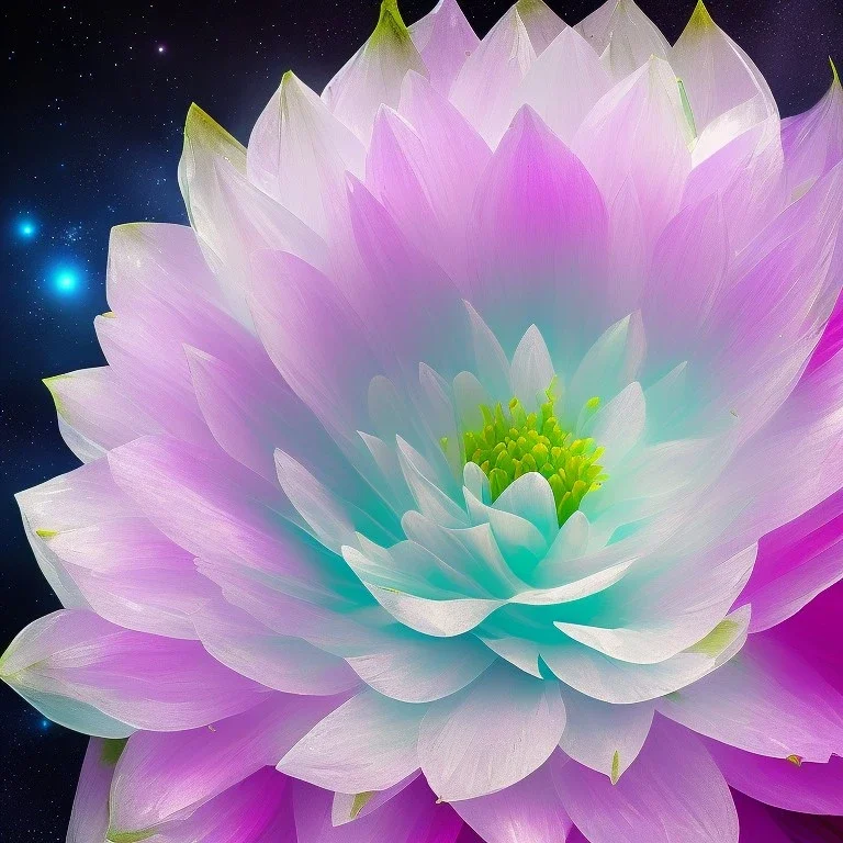 one big crystal subtle flower in a galactic ambiance with a beautiful fairy, transparent petals,