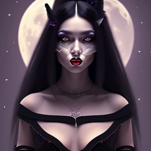 Portrait femme métissée yeux noirs avec des longs cheveux lisses noirs, belle sorcière, lune, corset noir, 4k