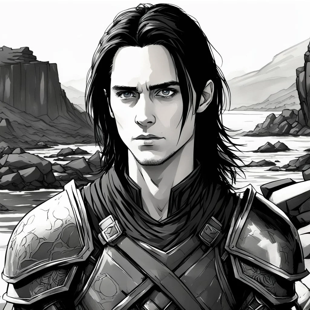 A portrait of Jared Leto in his early 30s, long beachy haircut, black hair, on a rocky island, in ebony armor from Skyrim, melancholic and dangerous facial expression, half-smiling, drawn in the style of ink manga sketch, black and white