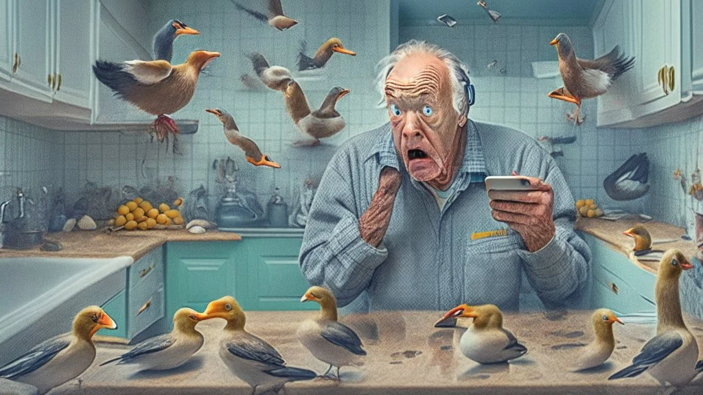 confused older man using cellphone in his kitchen telling the many ducks that surround him to "go away"