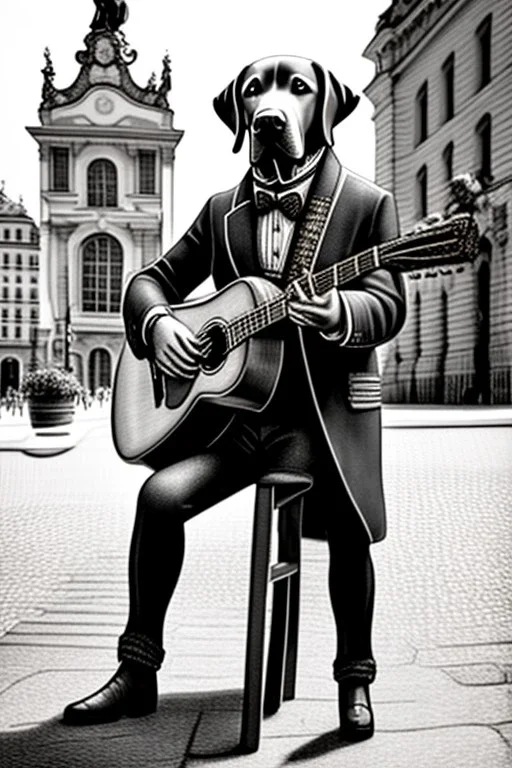 One single mature labrador, historic clothes, playing guitar in the street , Vienna, friendly, model style, hyper realistic, extremely accurate, delicate, extremely detailed, Graphic novel style, wide-angle, open aperture, superfine pencil