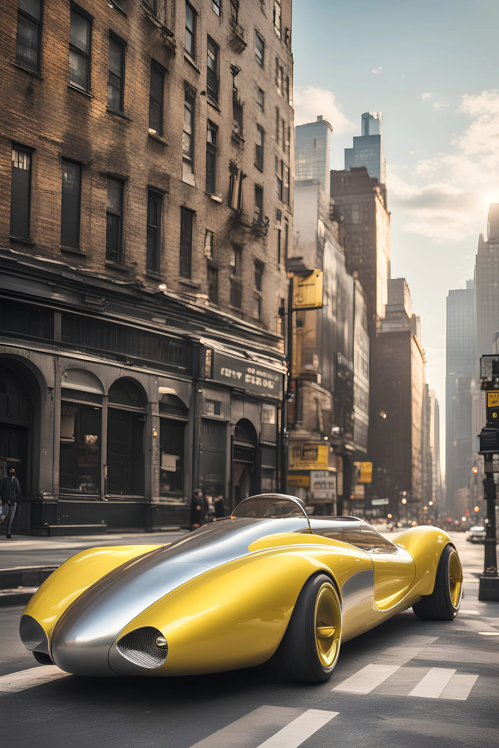 creates a concept supercar in '40s style with a retro-futuristic bodywork in yellow and silver on a street of New York, with a bright sky