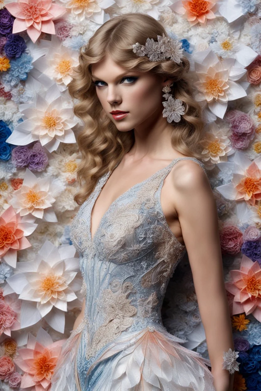 Half body photograph super star singer Taylor Swift wears quantum deity intricate origami flowers detailed quilling paper translucent plastic clothing, mixed media impressionism, fine arts and crafts, intricate embroidery, rococo spirtualism intricate details, highly detailed, cinematography