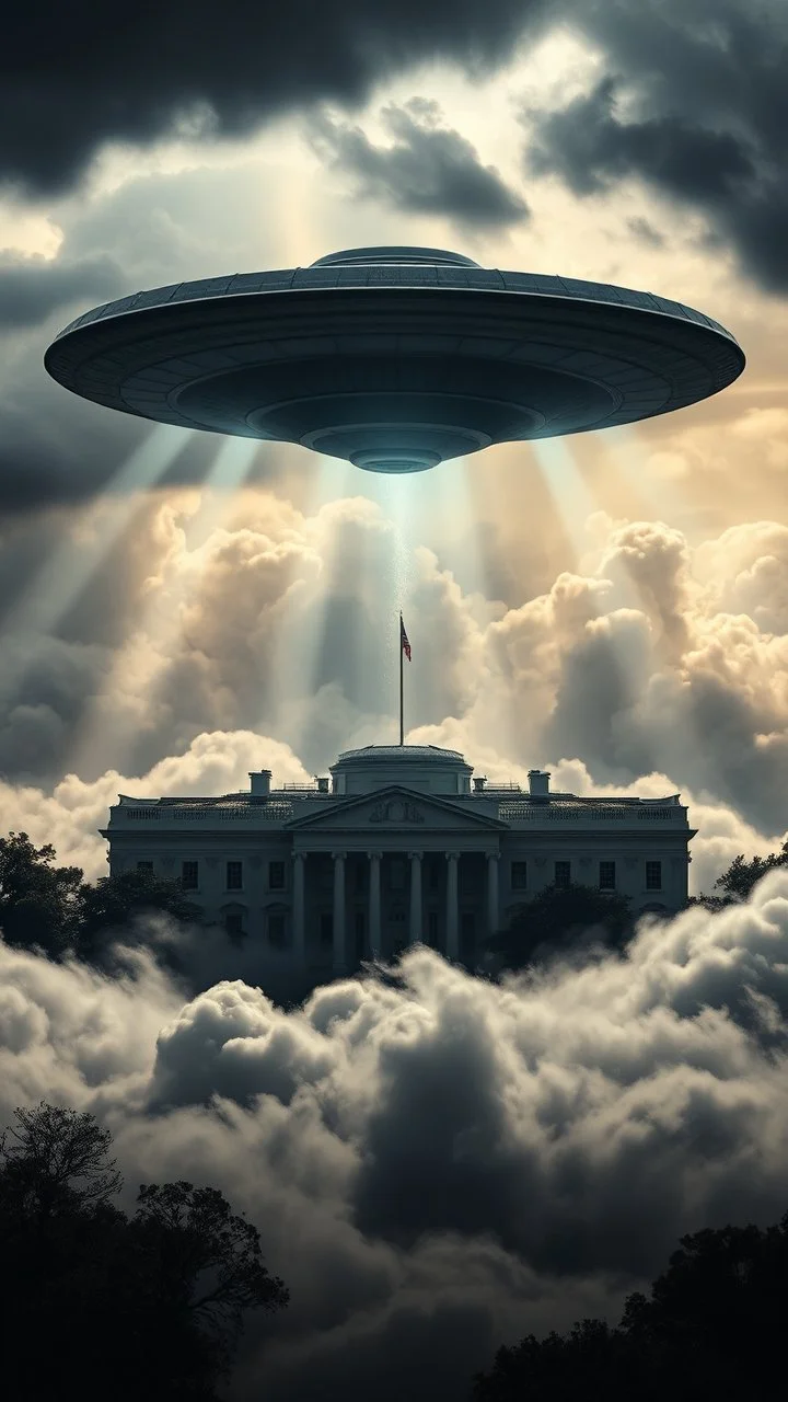 A ufo hovering above the White house hovering above swirling clouds, emerges from the heart of a raging storm. Turbulent winds of steam swirl around the iconic structure, lit by shafts of sunlight that cast dramatic shadows on the A large UFO spacecraft hovering over the pentagon building surrounding clouds. A storm rages and thunder lights up the dark sky,