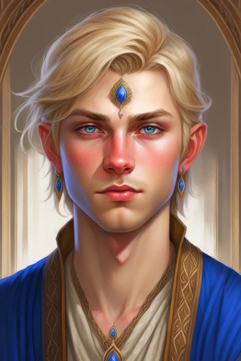 a wealthy half-elf young man with pointy ears and blue eyes, wears lots of jewelry, blonde hair, older brother, hard features