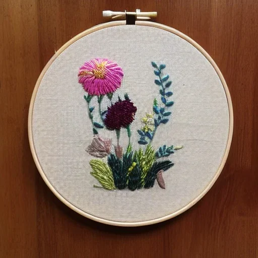 exquisite whimsical australian flowers in embroidery hoop, intricate, highly detailed, linen and wood backdrop