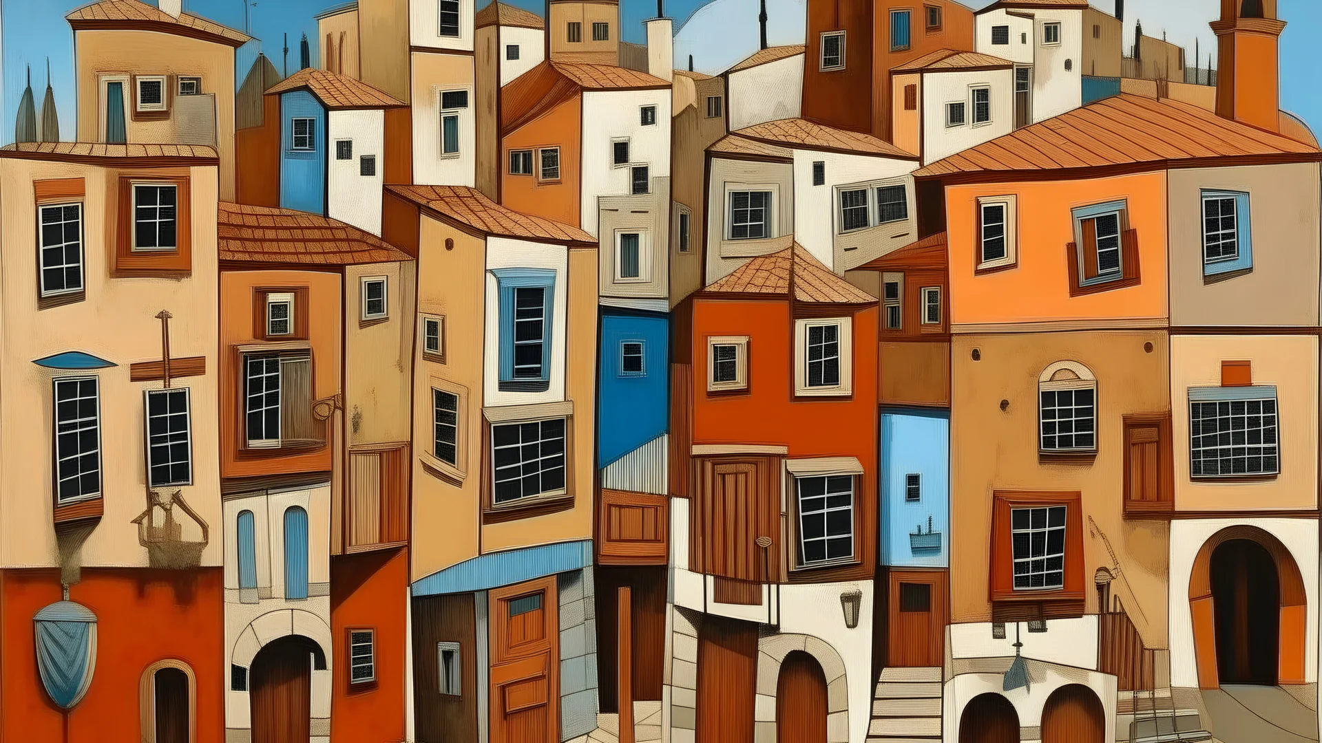 A brown town with buildings made out of instruments painted by Pablo Picasso