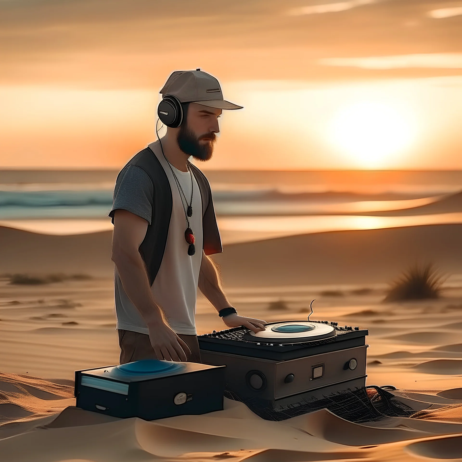 short beard man with cap, DJ play records ,full body, speakers, at beach, dunes background, sunset