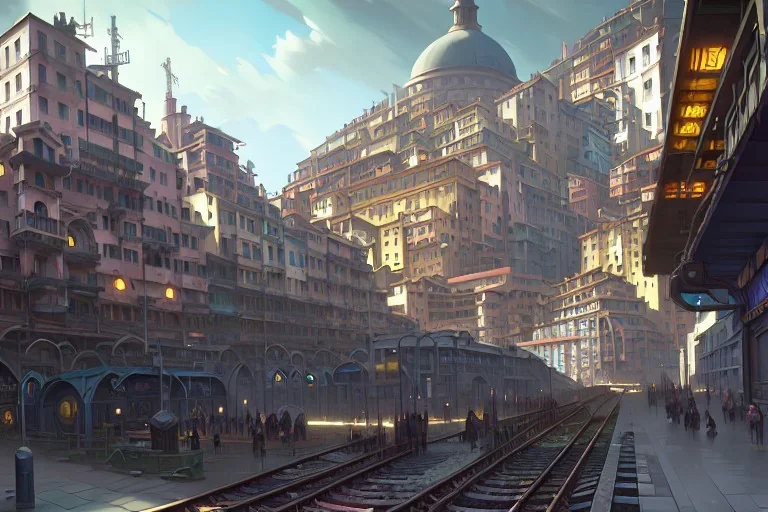 Close up Train head+metro station+Elevated Train pass+trains+corner building on sea+riomaggiore+corniglia+genoa street+Italian medieval town+sea+alphonse mucha, greg rutkowski,matte painting, cryengine, hyper detailed, felix kelly, fantasy art, seb mckinnon