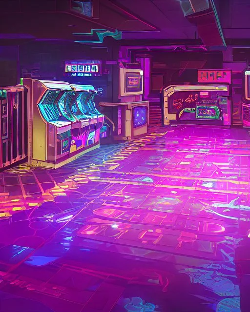 A dark photo of the corners of an 80's aesthetics arcade at night, with a lot of functioning arcade machines, a vaporwave floor and some colorful tiles in between the floor. Purple aesthetics. There are some pizza boxes over some of the arcade machines