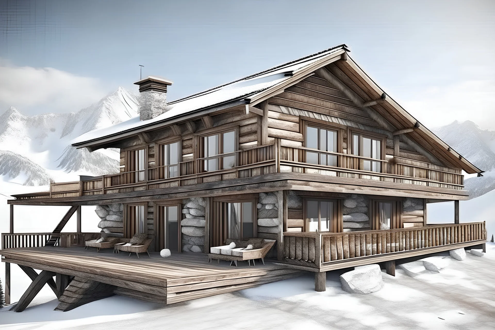 rustic ski lodge on mountain background brown and gray shades on a white background