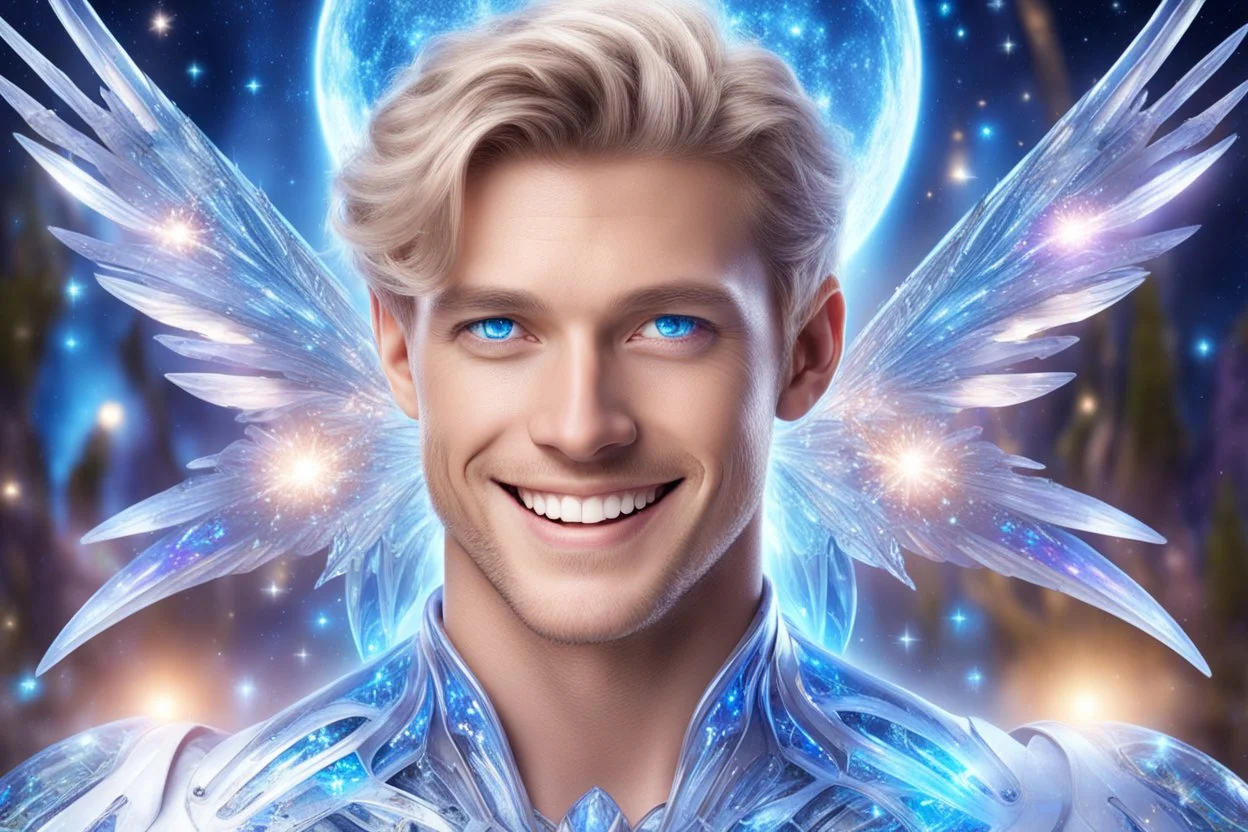 cosmic bionic beautiful men, smiling, with light blue eyes and long with platinum suite and crystal wings, in a magic extraterrestrial landscape with coloured fairy forest stars and bright beam