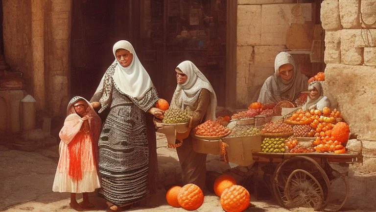 A full-length Palestinian girl wearing an embroidered dress and a white embroidered shawl buys oranges from an old seller wearing a keffiyeh in the market of Jerusalem, 100 years ago, at night with multi-colored lights reflecting on her.