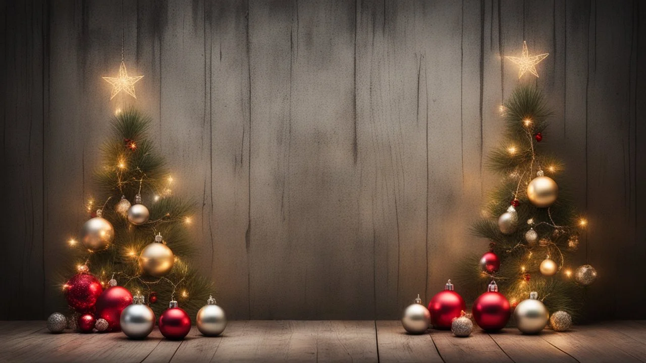 Hyper Realistic Photographic Centre Shot Of Christmas Decorations With Fairy Lights On A Grunge Rustic Wall.